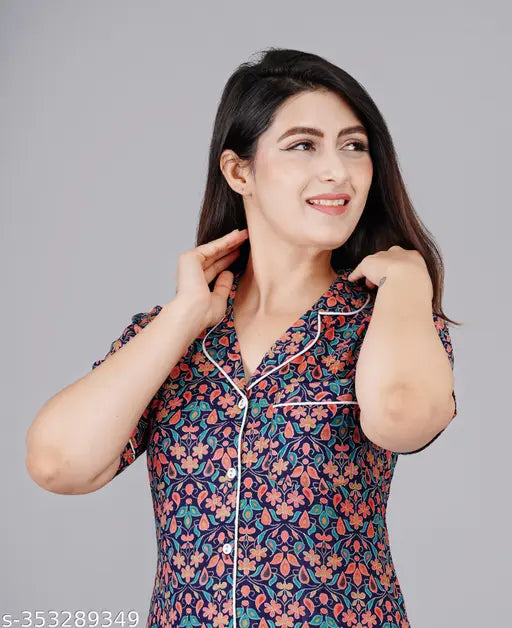 Blue printed rayon night suit combo set (S-XXL) - Indian handcrafted women's sleepwear