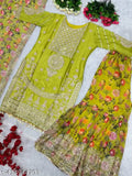 Yellow, green, and gold printed designer sharara suit set with floral patterns