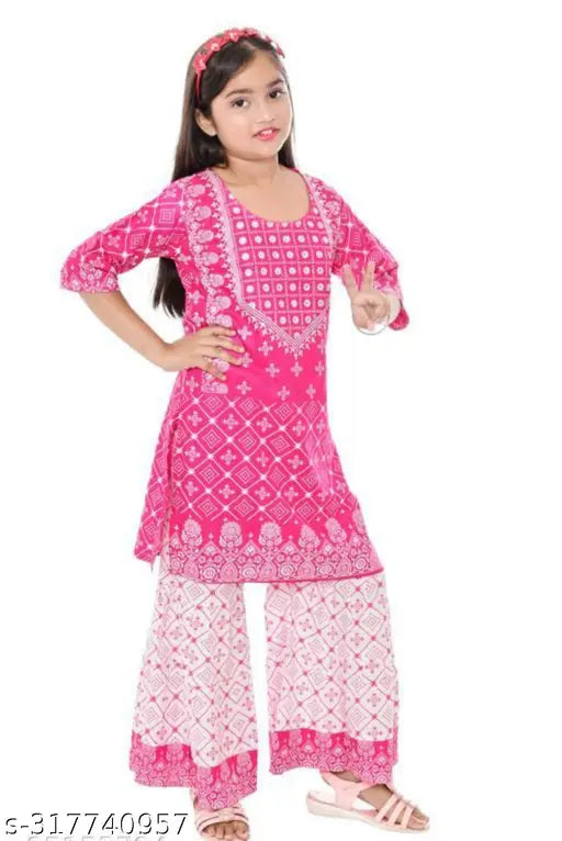Ethnic rayon kids' kurta set with chiffon dupatta, printed, three-quarter sleeves. Indian traditional wear for 5-6 to 8-9 years old
