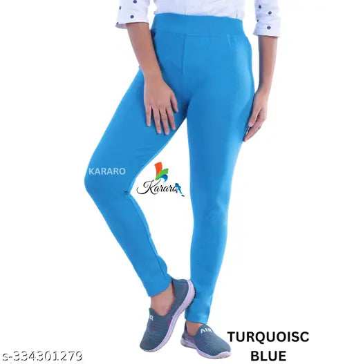 Cotton blend solid jeggings for women, lightweight and trendy. Made from OE fabric, recycled hosiery cotton waste blended with polyester. Sizes available: 26, 28, 30, 32, 34, Free Size. Origin: India