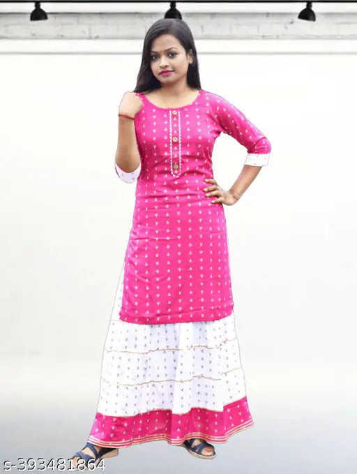 Cotton blend printed net unique kurti set for kids aged 7-14 years, showcasing three-quarter sleeves style