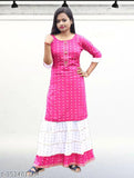 Cotton blend printed net unique kurti set for kids aged 7-14 years, showcasing three-quarter sleeves style