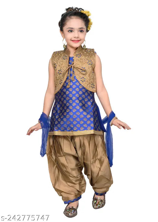 Blue printed designer kurta patiala salwar suit with jacket and dupatta for girls, Hariyal Creation kids partywear embroidered jacquard set