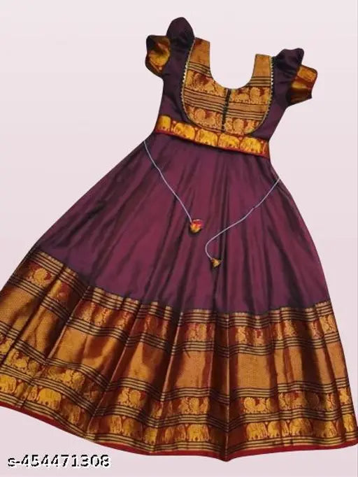Silk pattu pavadai for kids, vibrant Diwali design, South Indian Khan gown