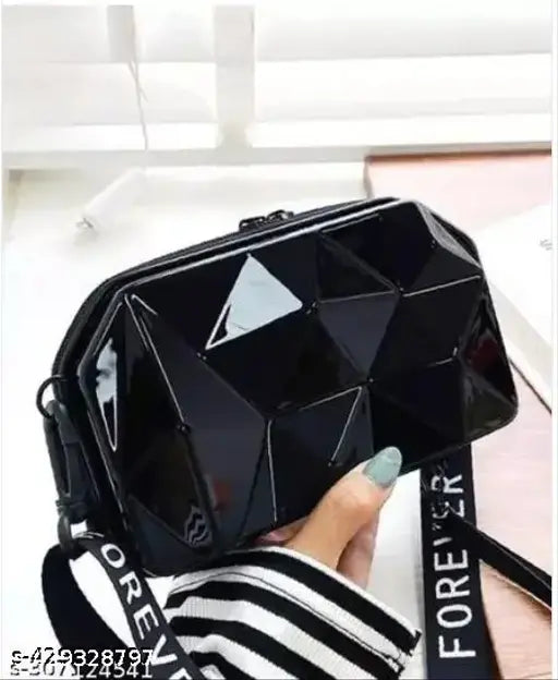 Black sling bag, shoulder strap, zip closure, branded bag