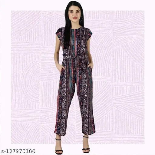 Pearl N Vera printed net poly crepe women's jumpsuit with short sleeves, available in sizes S-Free Size, made in India