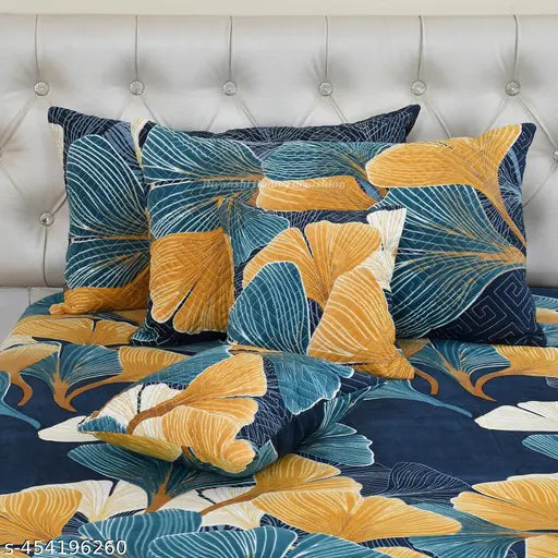 Sunshine Premium Glace Cotton 200 TC Double Bed King Size Bedsheet with 2 Quilted Pillow Covers and 2 Quilted Filled Cushions (90X100 Inches, Set of 5 Piece, Blue)