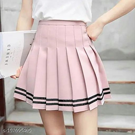 Pink pleated skirt with high waist, above knee length