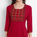 Embroidered rayon red kurti, three-quarter sleeve Indian fashion for women's wardrobe