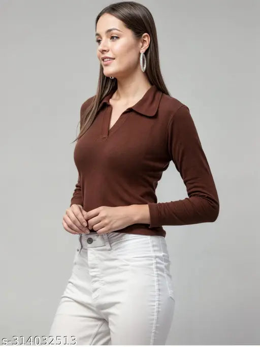 Long-sleeve cotton blend V-neck top in solid color, ideal for women's fashion