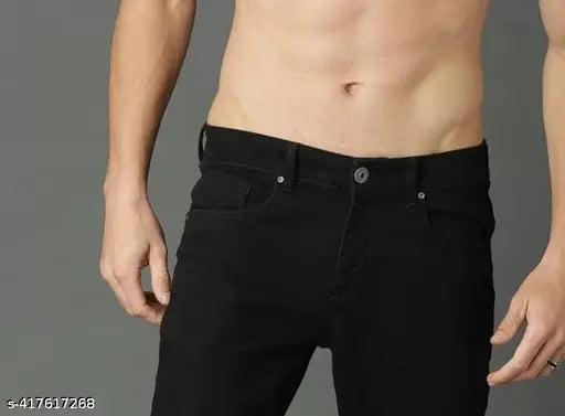 Men's cotton blend mid-rise black jeans, slim fit and washed pattern for a modern look. Comfortable mid-rise with sizes 28, 30, 32 (waist 28in/30in/32in, length 40in, hip 35in/37in/39in). Made in India