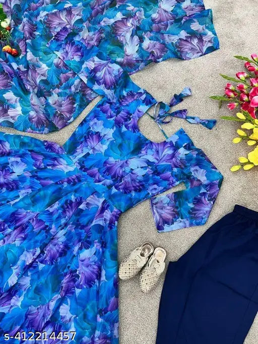 Blue Georgette Heavy Gown with Dupatta, printed Indian fashion launch by AMBE FASHION