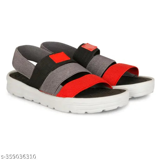 Black and red casual flip flops for boys, featuring adjustable straps