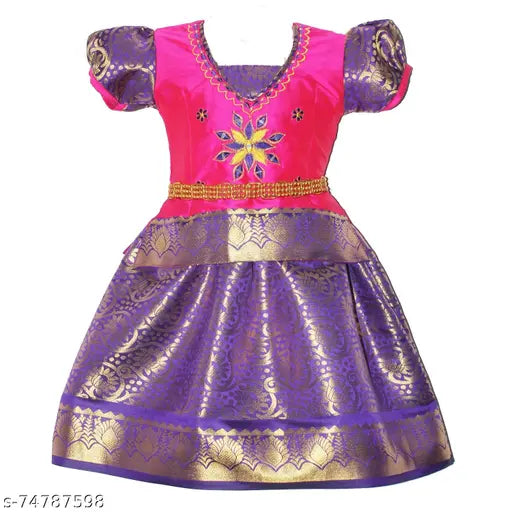 Cotton-silk kids' Nila Pattu Lehenga Choli with waist belt, embellished, traditional Indian outfit for 2-8 years old festivals and parties