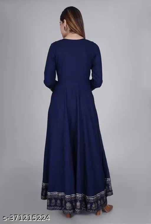 Rayon three-quarter sleeve Anarkali kurta, solid net pattern in New Borderbule 01 color, ideal for ethnic occasions