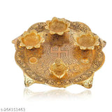 Metal Badhi Puja thali with 4 diya, gold-plated, Indian handicraft for puja, worship, and temple decoration