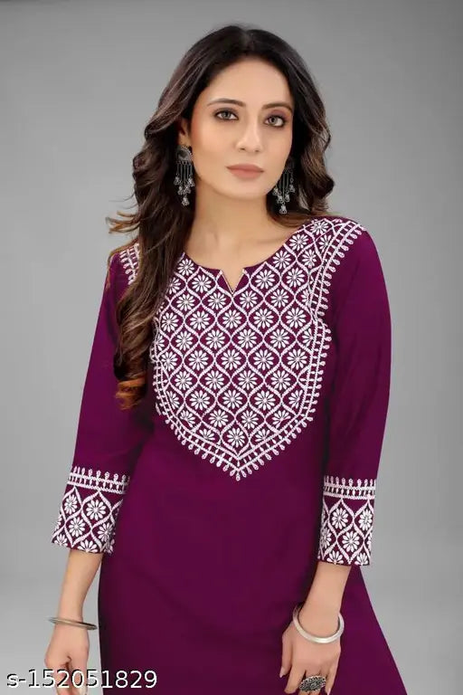 Embroidered rayon kurti, three-quarter sleeves, S size (bust 36in, length 45in), Indian designer women's fashion