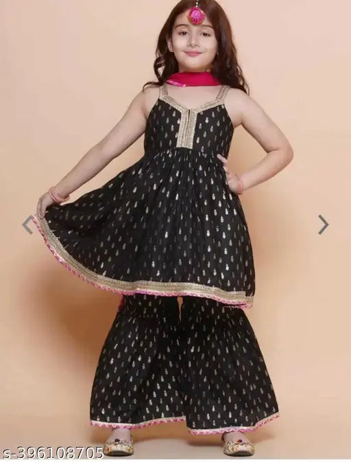 Attractive black kids sharara set with dupatta, rayon fabric for parties, weddings, and festivals. Suitable for ages 5-12