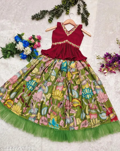 Kids chiffon lehenga-choli set, ethnic motif embroidery on sleeveless top and dupatta, for kids ages 3-15 years old