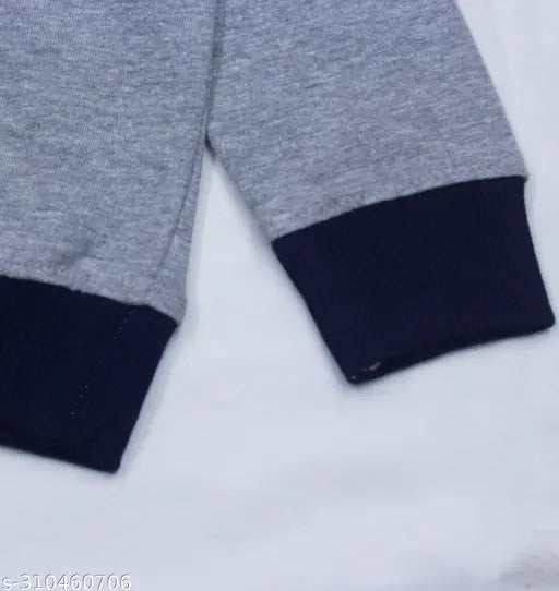 Grey fleece full sleeve hood sweater for kids, printed melange design, cotton blend fabric