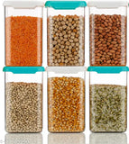 Airtight plastic storage containers set, containing various sizes and colors for food storage, including a large blue one labeled '1100 ml' and smaller dabba boxes in different hues