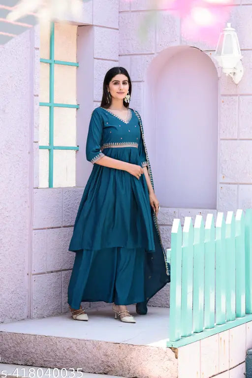 New limited edition embroidery cotton kurta set for women in nile blue color