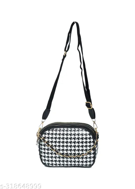 Black and white checkered casual trendy sling bag with zip closure and multiple card slots