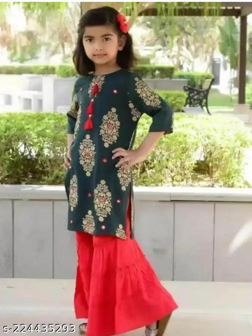 Printed rayon kurta and sharara for girls, three-quarter sleeves with mirror work. India origin. Sizes: 4-5 Years - 11-12 years