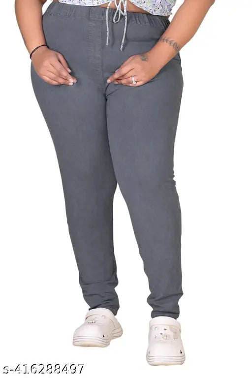 Premium quality grey denim jeggings for plus size, stretchable fabric for comfort, length 40 inches, India-made