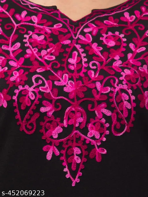 Black wool kurti with intricate pink embroidery