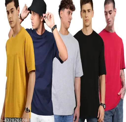 Large cotton printed half-sleeve t-shirt combo (5pcs): S, M, XL, XXL, India-made men's oversized tees on display