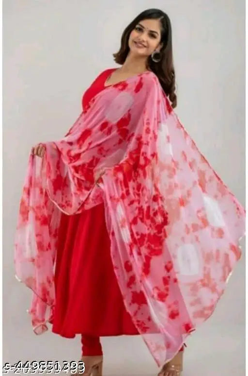 Red Rayon Goun Duppata, solid pattern women's long-sleeve blouse, Indian traditional clothing for online shopping