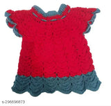 Hand knitted red & grey wool winter sweater for baby girl, self-designed pattern and short sleeves