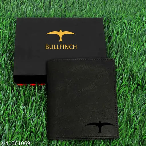 Black faux leather men's wallet, two-fold design with textured pattern. Classy imported BULLFINCH mens wallet, free size (12cm x 8cm)