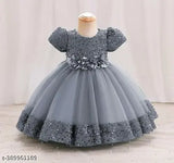Affordable net embellished frock for baby kids, long sleeves in sizes 18-24 months, 1-2 years, 2-3 years, 3-4 years, and 4-5 years. Made in India