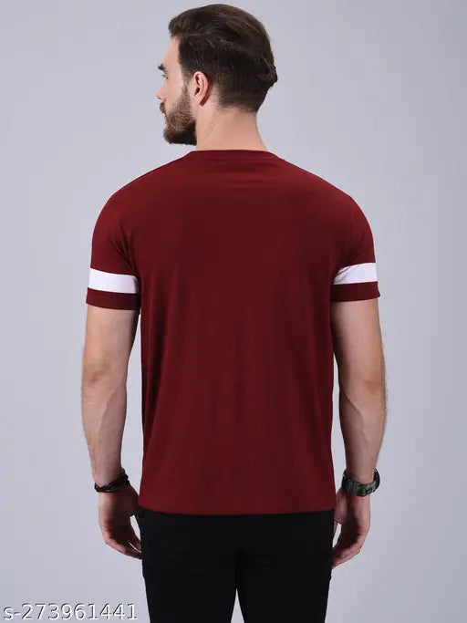 Stylish men's maroon cotton-blend round neck T-shirt with short sleeves, solid pattern, size S (38in chest, 26.5in length), made in India
