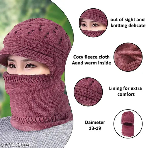 Winter beanie hat balaclava with hood, knit design, for women, suitable for hiking, skiing and cold weather conditions