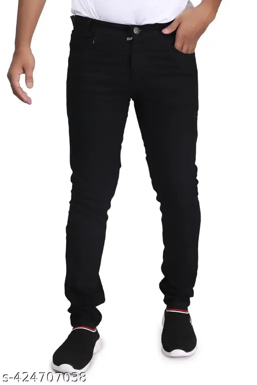 Black cotton blend slim fit full-length jeans for men, stylish partywear on mannequin
