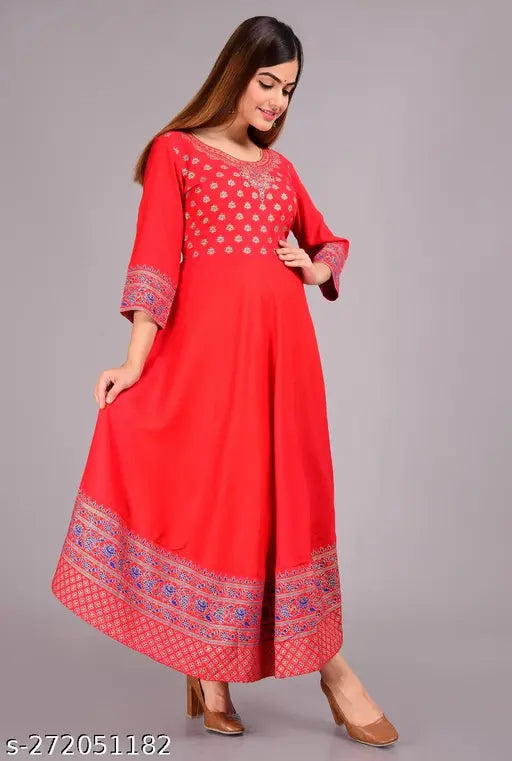 Red rayon printed anarkali kurta with long sleeves and flared skirt