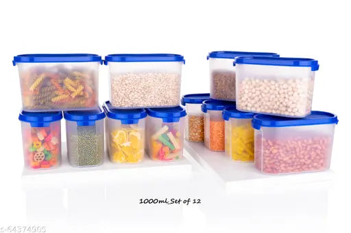 Blue plastic storage containers with blue lids, set of 12, air tight, 1000ml capacity