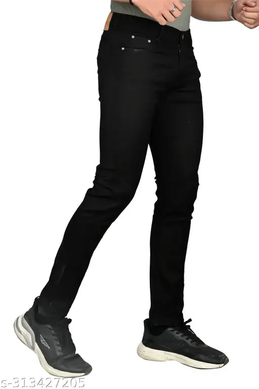 Black denim jeans by JovsHil for men, size 26/28, solid pattern