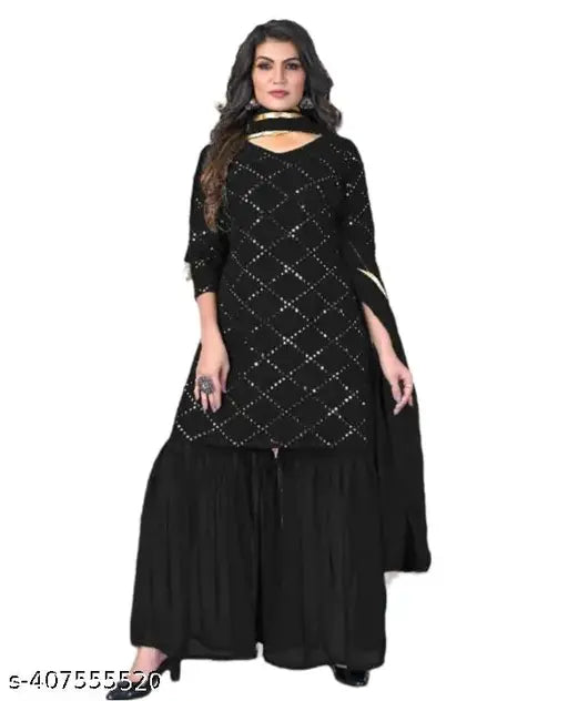 Black georgette sequin kurta sharara with duppata set, full sleeve