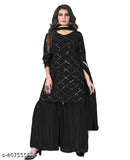Black georgette sequin kurta sharara with duppata set, full sleeve