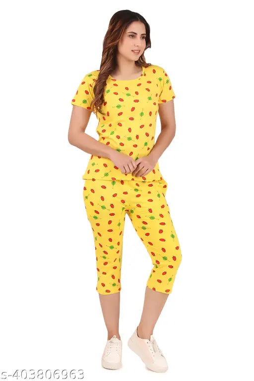 Cotton blend capri night suit t-shirt set for women, colorful printed design, perfect for relaxation at home