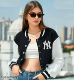 Trendy cotton varsity jacket women, solid color, long sleeves, size S (bust 32in, length 18in), made in India