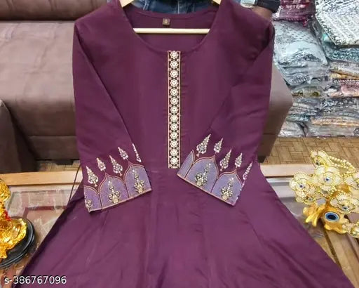 Rayon plain Anarkali kurti with printed jacket, three-quarter sleeves, solid design