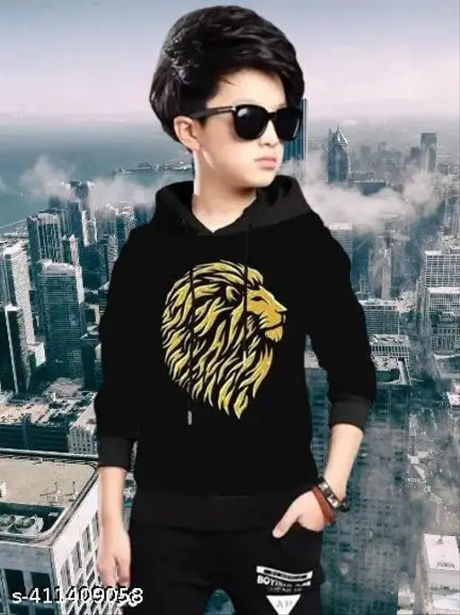 Kids Boys & Girls Hooded Neck Full Sleeves Printed Regular Fit Pure Cotton T Shirt, Black