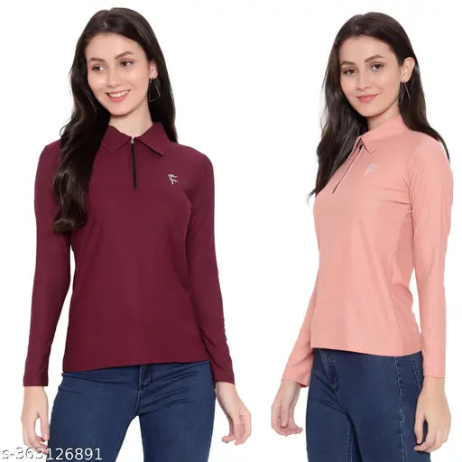 Stylish women's & girls polo neck lycra half zip t-shirt set, solid color full sleeve, pack of 2 (S: bust 36in, M: bust 38in)
