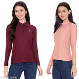 Stylish women's & girls polo neck lycra half zip t-shirt set, solid color full sleeve, pack of 2 (S: bust 36in, M: bust 38in)