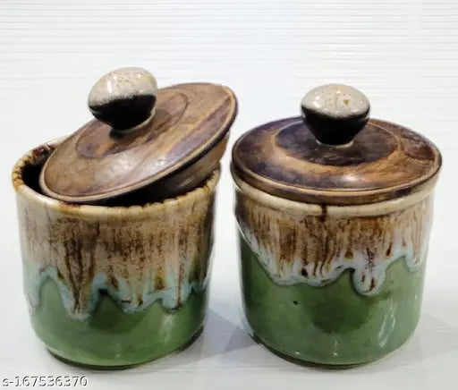 Brown and tan ceramic jars with wooden lids set of 2